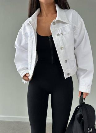 Женская куртка джинсовка классическая, белая, укороченная, на пуговицах, оверсайз, джинс коттон2 фото