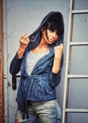 Кардиган накидка с капюшоном карманами кружево ажурный кружевной стрейч блуза бохо