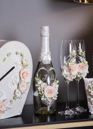 Свадебные бокалы " нежность " в бежевый , айвори и белых цветах6 фото