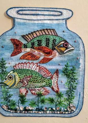 Текстильный коллаж " рыбки в банке"