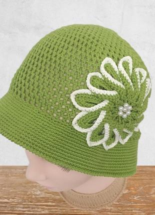 Капелюшок жіночий літній з 100% бавовни, капелюшок з полями та великою квіткою2 фото