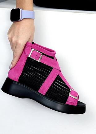 Фуксия розовые женские летние ботинки ботинки с сеткой закрытые босоножки с сеткой из натуральной замши замшевые летние босоножки5 фото