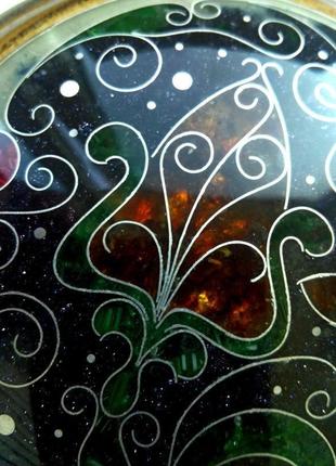 Шкатулка круглая инкрустированная янтарем, мрамором, стеклом- d-13см ,h-6,5см3 фото