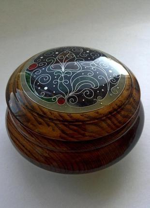 Шкатулка круглая инкрустированная янтарем, мрамором, стеклом- d-13см ,h-6,5см9 фото