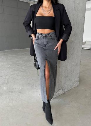 Женская джинсовая юбка макси с разрезом спереди, прямая, классическая, длинная юбка, на высокой посадке, джинс коттон, с вырезом, серая2 фото