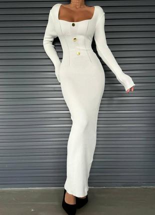 Жіноча трикотажна сукня максі з квадратним вирізом, приталена, облягаюча, довге плаття, базова, з корсетом, класична, біла, сіра