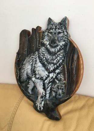 Картина из дерева, панно охота волк, волки1 фото