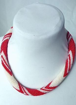 Жгут из бисера ручной работы украшение на шею "белое и красное"4 фото