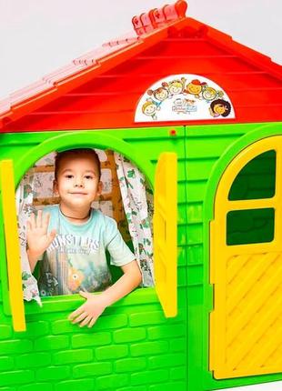 Дитячий ігровий будиночок пластиковий зі шторками зелено-черво...6 фото