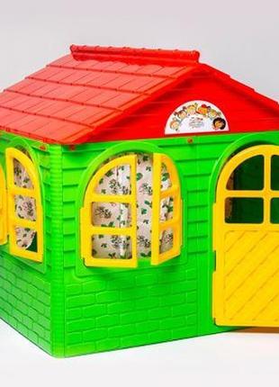 Дитячий ігровий будиночок пластиковий зі шторками зелено-черво...7 фото