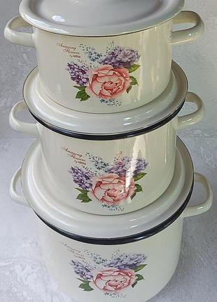 Набір каструль емальованих idilia "822 - рожева півонія" (3шт)
