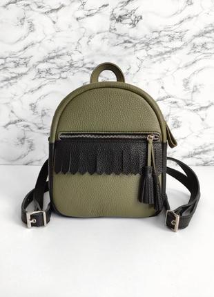 Рюкзак tassel зелений+коричневий . стильний жіночий рюкзак . жіночий шкіряний рюкзак .