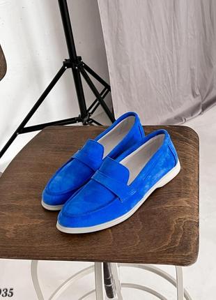 Сині жіночі лофери туфлі мокасини з натуральної замші замшеві лофери туфлі9 фото