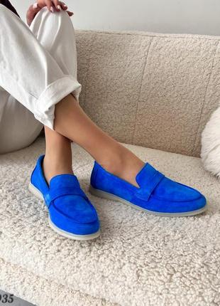 Сині жіночі лофери туфлі мокасини з натуральної замші замшеві лофери туфлі4 фото