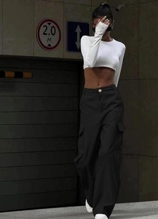 Штани-карго жіночі стильні модні ефектні широкі вільні бавовна...4 фото