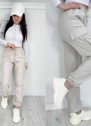 Женские брюки карго цвета лен3 фото