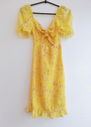 Платье женское жёлтое розовое цветочный принт мини