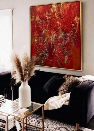 Красная  абстрактная живопись  с золотом "красная планета"2 фото