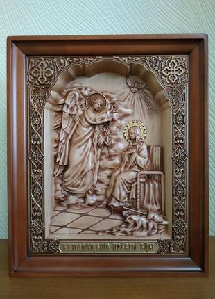Ікона благовіщення пресвятої богородиці різьблена з дерева