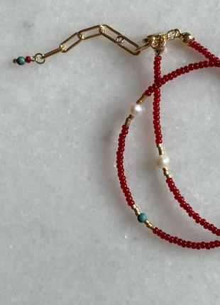 Чокер красный из бисера с натуральными жемчужинами, ожерелье с перлами и натуральным камнем, чокер минималистичный4 фото