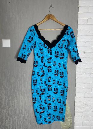 Винтажное платье миди по фигуре в прикольный принт кота с зонтиками voodoo, m3 фото