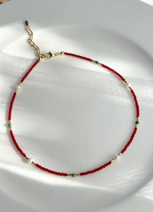 Чокер червоний із бісеру з натуральними перлинами, намисто мікс з перлами і натуральним каменем, чокер різнокольоровий мінімалістичний, кольє1 фото