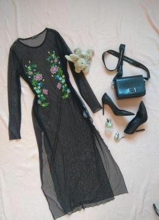 Платье сетка р 38 м 46 zara длинная черная с вышивкой, платье накидка платье прозрачное