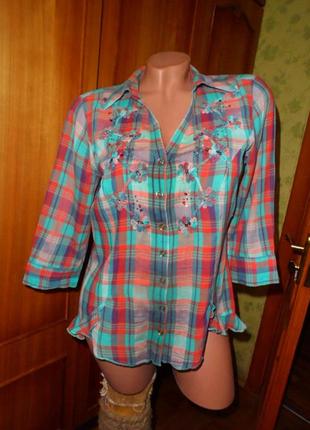 Натуральная блузка - женская рубашка в клетку с вышивкой,оборками,рукава 3/41 фото