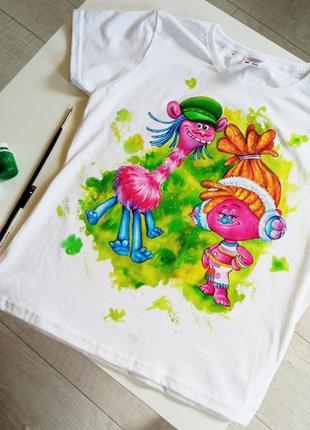 Футболка с ручной росписью, тролли, детская белая футболка для девочки2 фото