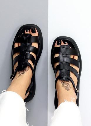 Практичні універсальні комфортні чорні шкіряні сандалі босоніж...7 фото