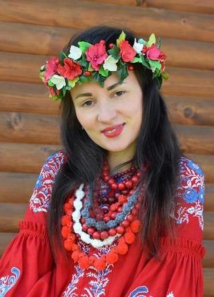 Український червоний віночок, квітковий вінок, ніжний вінок, фотосесія, подарунок1 фото