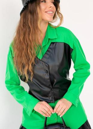 Жіноча сорочка зі вставкою з екошкіри berne — салатовий колір,...4 фото