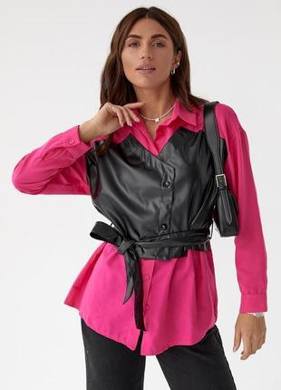 Жіноча сорочка зі вставкою з екошкіри berne — рожевий колір, s...