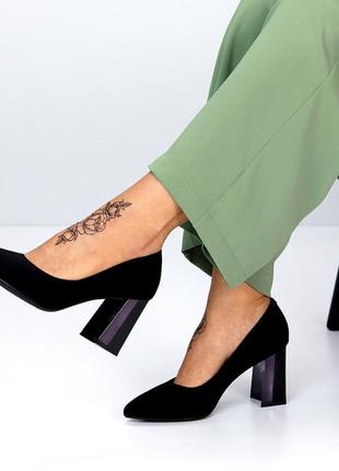 Класичні чорні жіночі замшеві туфлі високий каблук2 фото