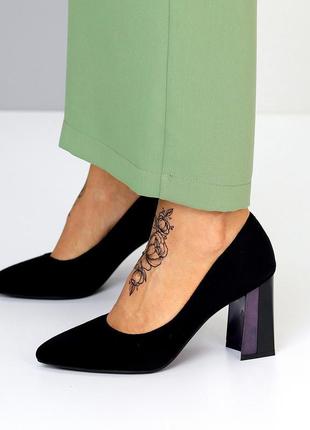 Класичні чорні жіночі замшеві туфлі високий каблук4 фото