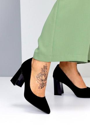 Класичні чорні жіночі замшеві туфлі високий каблук6 фото