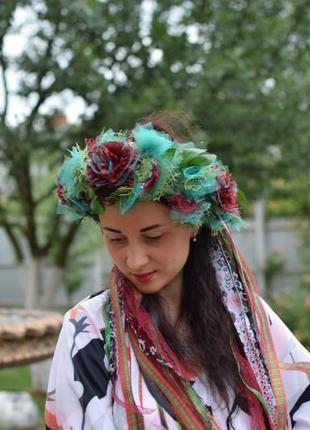 Вінок український, бордові квіти, вінок зі стрічками, весільний вінок,етно віночок, фотосесія3 фото
