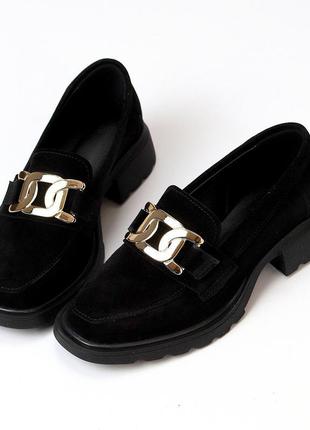 Практичні чорні замшеві жіночі туфлі лофери натуральна замша з...