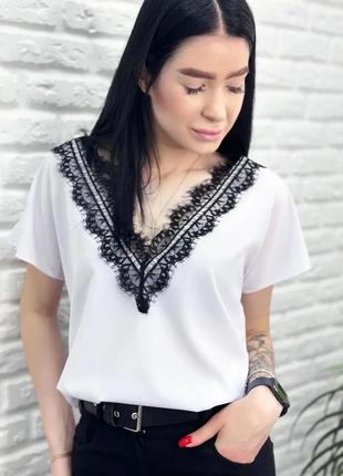 Жіноча блузка з вирізом та мереживом "brenda", білий2 фото