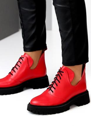 Дизайнерські яскраві червоні жіночі шкіряні туфлі натуральна ш...3 фото
