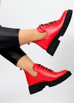 Дизайнерські яскраві червоні жіночі шкіряні туфлі натуральна ш...8 фото