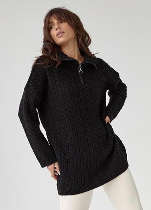 Жіночий в'язаний светр із візерунком «косичка» — чорний колір,...5 фото