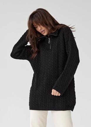 Жіночий в'язаний светр із візерунком «косичка» — чорний колір,...6 фото
