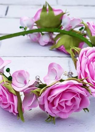 Ободок с розовыми розами и гортензиями3 фото