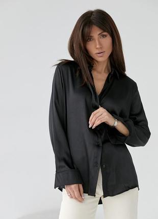 Атласна блуза на ґудзиках — чорний колір, m (є розміри)5 фото
