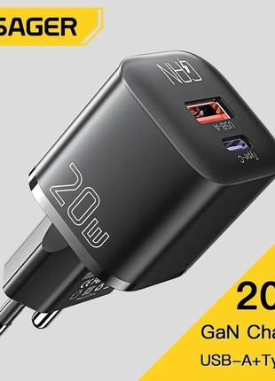 Зарядний пристрій essager 20w gan usb type c pd fast charge ph...