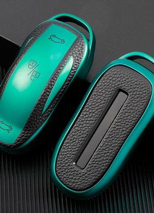 Чохол на авто смарт ключ тпу + шкіра для tesla model x green