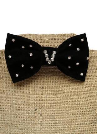 Черный галстук-бабочка из искусственной замши со стразами.  black bow tie fax suede with crystals.1 фото