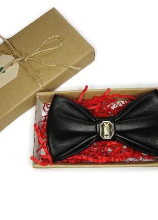 Черный кожаный галстук-бабочка с кристаллом. black leather bow tie with crystal4 фото