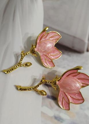 Серьги розовая магнолия шариков под золото ретро винтаж цветы магнолии цветок5 фото